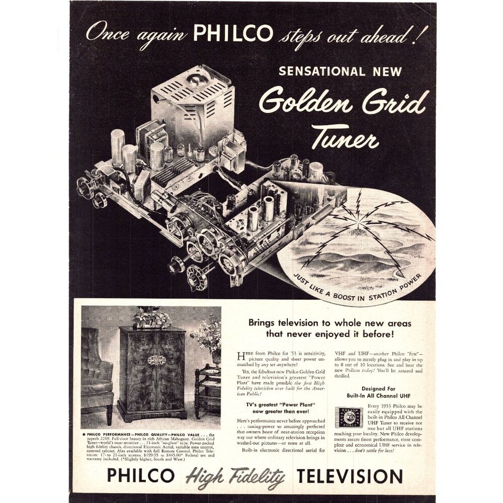 1952 Philco Television TV Golden Grid Tuner Vintage Print Ad Console Wall Art
